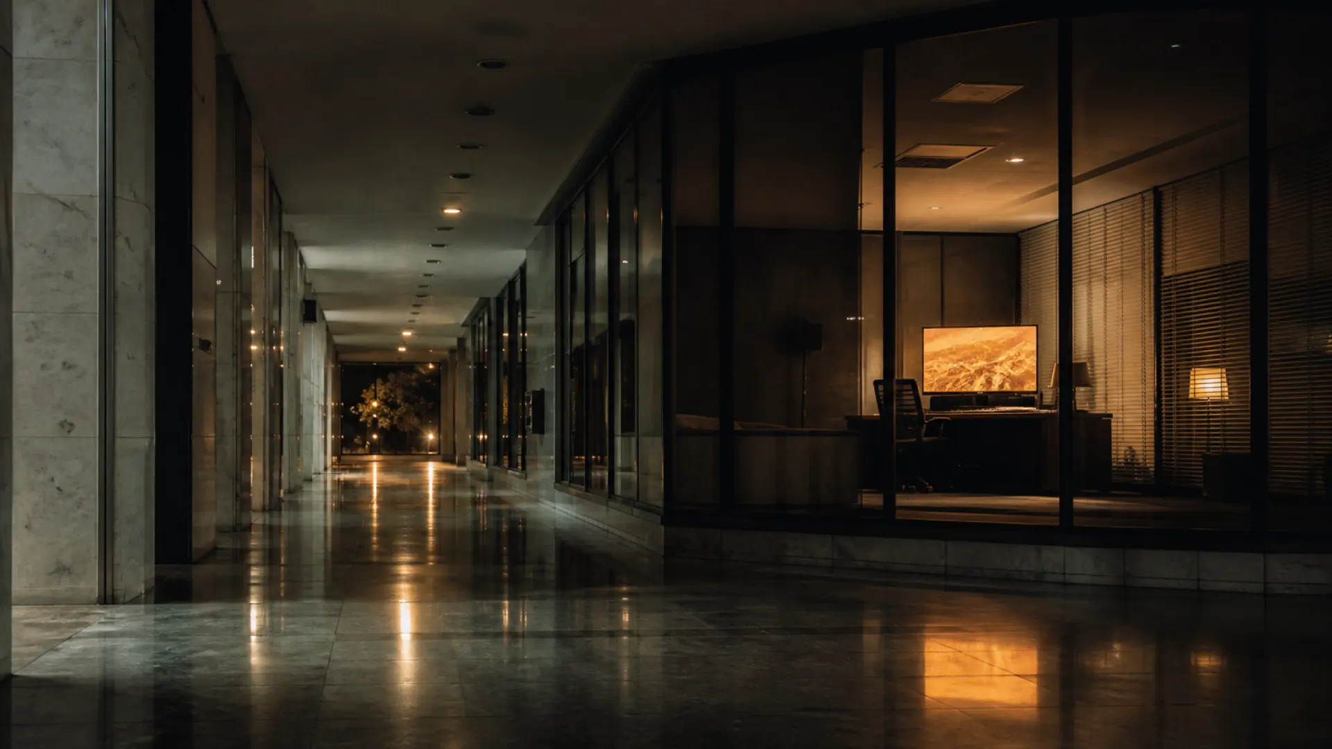 Corredor de um prédio público à noite, com uma sala acesa ao fundo